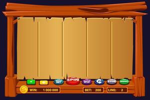The wooden game user interface is cartoon-style with basic buttons for your designs. Gambling mobile app concept for the Casino or 2D Game vector