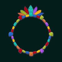 Maya or Aztec cartoon game frame. Round-colored stone frame. Empty cartoon frame of small stones and feathers for your game icons or slot symbols vector