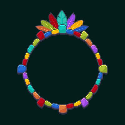Maya or Aztec cartoon game frame. Round-colored stone frame. Empty cartoon frame of small stones and feathers for your game icons or slot symbols