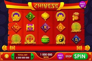 Complete UI for slots games. Chinese-themed Casino Game. Set of 12 Slot symbols. The game user interface is cartoon-style with basic buttons for your designs vector