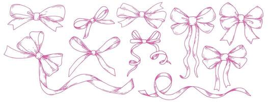 set of illustrations in sketch style. bows, silk ribbon. symbol of the fight against breast cancer, femininity vector