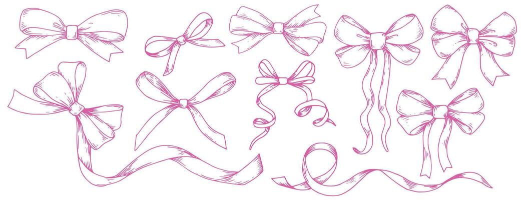 set of illustrations in sketch style. bows, silk ribbon. symbol of the fight against breast cancer, femininity