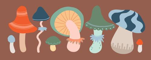 Illustration of various whimsical mushrooms in vibrant colors, including orange, blue, green, and beige. Each mushroom features unique shapes and patterns, creating a playful and artistic design vector