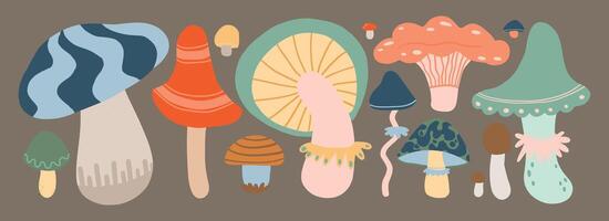 Whimsical cartoon mushrooms in various colors and shapes 60s 70s autumn fall design element. vector