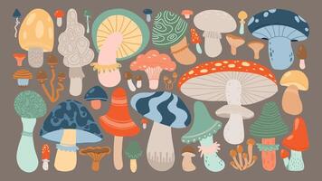 A colorful illustration of various whimsical mushrooms in different shapes and sizes. This cartoon-style design features an array of vibrant fungi, making it perfect for nature-themed projects vector