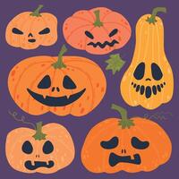 A collection of illustrated Halloween pumpkins with various spooky and funny faces on a dark purple background. Each pumpkin has a unique expression, perfect for festive autumn and Halloween designs vector