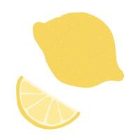 Simple illustration of a whole lemon and a lemon slice on a white background. The image features vibrant yellow color, hand-drawn style, and minimalistic design, perfect for healthy food or citrus vector