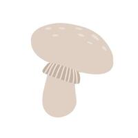 Simple flat illustration of a beige mushroom with a dotted cap and striped gills on a white background. The cartoonish design highlights the natural, organic shape, ideal for botanical or food theme vector