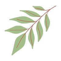 Illustrated green leaf branch with red veins, botanical design on white background, minimalistic vector