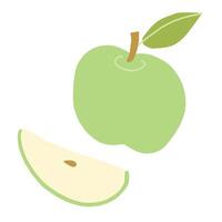 Illustration of a whole green apple with a leaf and a sliced piece on a white background vector