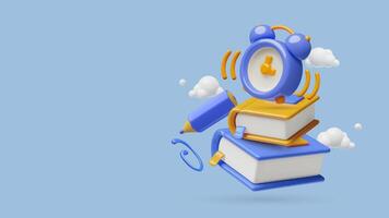 Educational 3d background with books stack, alarm clock, pen flying in clouds vector