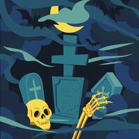 A flat style illustration of a lonely graveyard shrouded in heavy fog at night, with skulls and hand bones, to celebrate Halloween vector