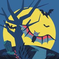 A flat style illustration of a bat flying from a desolate graveyard at night to celebrate Halloween vector