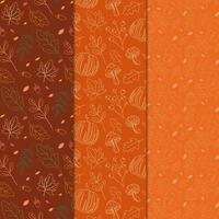 Hand-drawn line autumn maple leaves, oak leaves, mushrooms seamless pattern, autumn colorful pattern series vector