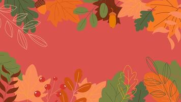 Hand-drawn autumn background with pumpkins and maple leaves, welcome autumn illustration on a red background vector