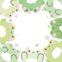 Cute frog in various poses with flower and leaf frame background.Reptile animal character cartoon design.Image for card,sticker,paper note,baby product.Kawaii.Illustration. vector