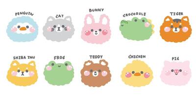 Set of cute animals doll face head with text on white background.Animal character cartoon design.Penguin,cat,rabbit,crocodile,bear,frog.Kawaii.Illustration. vector