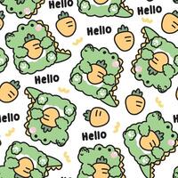 Seamless pattern of cute crocodile doll hold carrot and hello text background.Vegetable.Reptile animal character cartoon design.Image for card,sticker,baby clothing.Kawaii.Illustration. vector