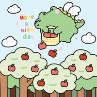 Cute crocodile angels flying hold apple basket with have a nice day text on sky background.Fruit.Reptile animal character cartoon design.Image for card,poster,sticker.Baby product.Kawaii. vector