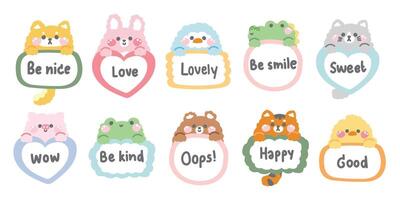 Set of cute animals hold various paper shape text.Animal character cartoon design.Image for card,poster,sticker.Kawaii.Illustration. vector