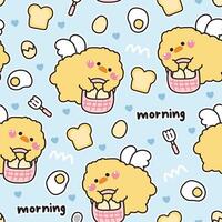 Seamless pattern of cute chicken angels flying hold eggs basket with bread and heart background.Fried egg.Farm bird animal character cartoon design.Image for card,poster,sticker.Baby product.Kawaii. vector
