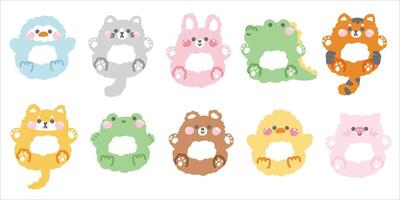 Set of cute animals doll sit on white background.Animal character cartoon design.Penguin,cat,rabbit,crocodile,bear,frog.Kawaii.Illustration. vector