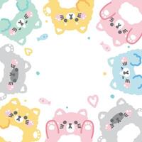 Cute cat doll with fish and heart in various poses frame background.Meow lover.Pet animal character cartoon design.Image for card,sticker,paper note,baby product.Kawaii.Illustration. vector