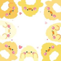 Cute chicken doll with heart in various poses frame background.Farm animal character cartoon design.Image for card,sticker,paper note,baby product.Kawaii.Illustration. vector