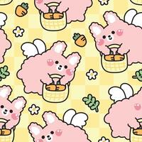 Seamless pattern of cute rabbit angels flying hold carrot basket with flower and leaf background.Easter.Bunny.Vegetable.Rodent animal character cartoon design.Image for card,poster,sticker. vector