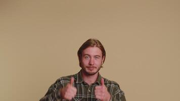 Man pointing empty place, advertising area for commercial text, copy space for goods promotion video