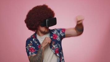 Man using virtual reality futuristic technology VR headset helmet to play simulation 3D game video