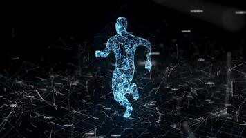 digitaal leeftijd illustratie. futuristische Mens hologram wandelen in cyber ruimte, digitaal lijnen groeit in de omgeving van. blauw Purper kleuren technologie concept kunstmatig intelligentie- neurale netwerken 3d animatie 4k. video
