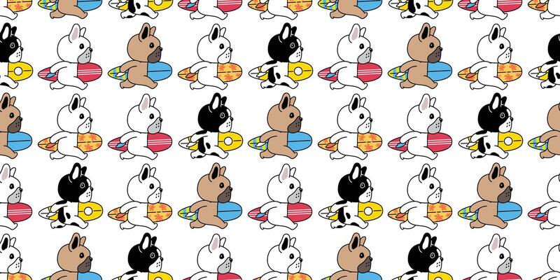 dog seamless pattern french bulldog surfboard surfing sport sea beach pet puppy breed cartoon repeat wallpaper doodle tile background illustration design isolated
