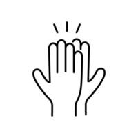 Two hands meeting in a high-five gesture outline icon. Teamwork, partnership success, encouragement, and recognition of achievements within the team. Editable stroke vector