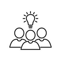 Group of people and bulb lamp outline icon. Teamwork, partnership success concept. Editable stroke vector