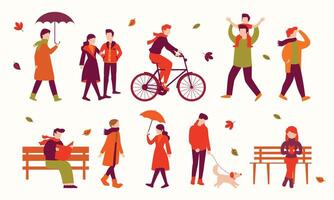 A digital illustration depicting various people engaged in autumnal activities vector