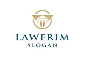 Golden round icon with antique building with columns. Can be used as logo for law firm or company, lawyer office courthouse, vector