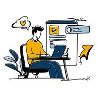 Explore the elegance of simplicity in Content Creation with a minimalist flat illustration of a creator engrossed in writing a blog post vector