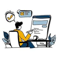 Explore the elegance of simplicity in Content Creation with a minimalist flat illustration of a creator engrossed in writing a blog post vector