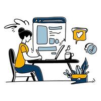 Explore the elegance of simplicity in Content Creation with a minimalist flat illustration of a creator engrossed in writing a blog post vector