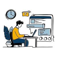 Explore the elegance of simplicity in Content Creation with a minimalist flat illustration of a creator engrossed in writing a blog post vector