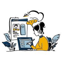Explore the elegance of simplicity in Content Creation with a minimalist flat illustration of a creator engrossed in writing a blog post vector