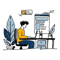 Explore the elegance of simplicity in Content Creation with a minimalist flat illustration of a creator engrossed in writing a blog post vector
