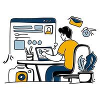Explore the elegance of simplicity in Content Creation with a minimalist flat illustration of a creator engrossed in writing a blog post vector