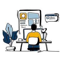 Explore the elegance of simplicity in Content Creation with a minimalist flat illustration of a creator engrossed in writing a blog post vector
