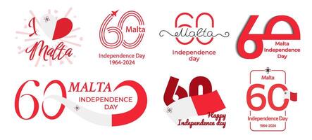Set for the 60th anniversary of Malta's Independence Day. Different variations of large red number 60 with Maltese flag. Great for logo, card, website, print, design, poster, social media. Flat style vector