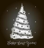 Merry Christmas and Happy New Year decorated Christmas tree. Hand drawn Christmas tree and gifts. Chalk sketch. vector