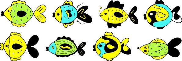 Set of hand drawn funny fishes in sketch style. decorative marine cute collection vector