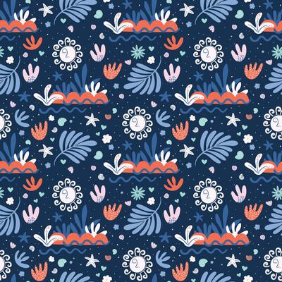 Boho Summer seamless pattern on navy backdrop. Tropical island sunset aesthetic. Summertime beach vacation background. Hand drawn dark colored illustration.
