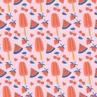 Seamless pattern with ice cream and berries on pink backdrop. Fresh juicy Summer food background. Vegan cold dessert on stick. Hand drawn flat design illustration. vector